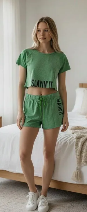 NWT Cupshe Slayin' It Green Crop Top & Shorts Lounge Set - Size: Extra Large thumbnail 1