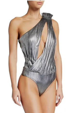 Retrofête Cassie Bodysuit Women XS Silver Metallic One Shoulder NWT‎ Party Club thumbnail 1
