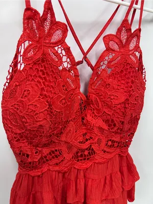 Red Lace bohemian tank top Strappy Camisole crochet peplum tiered bralette M thumbnail 10