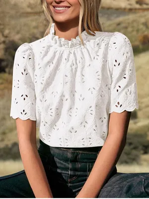 PrettyGarden Womens Small White Eyelet Embroidered Puff Sleeve Ruffle Top thumbnail 3