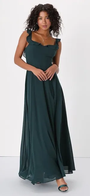 NWT Lulus Dreamy Admiration Emerald Green Ruffled Maxi Dress Bridesmaid Size M thumbnail 1
