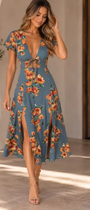 Lulus Floral Cutout Tie Front Midi Dress Blue Orange Sz S NWOT thumbnail 1