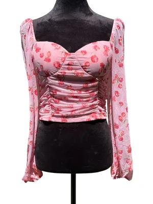 Fore Pink‎ Floral Mesh Ruched Bustier Crop Top Long Sleeve Square Neck Size L thumbnail 2