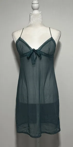 Calvin Klein Womens Sheer Mesh Lace Trim Chemise Nightgown Teal Green Sz Medium thumbnail 1