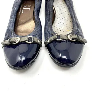 AGL Ballerina Flat‎ Shoes Cap Toe Metallic Patent Leather Navy Blue Size 8.5 thumbnail 5