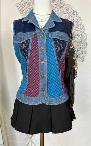 Carole Little Vintage 90s Denim Tapestry Patchwork Button Up Vest Top S thumbnail 1
