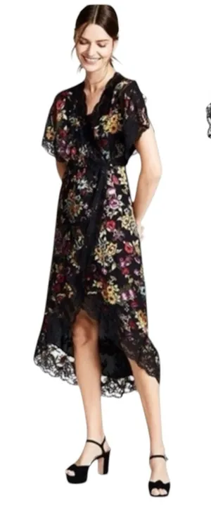Alice + Olivia Adele Floral Wrap Midi Dress with Lace Trim Black Size 2 thumbnail 1
