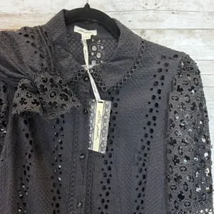 NEW Ultra Pink Womens M Top Black Crochet Button Up Collar Boho 100% Cotton NWT thumbnail 2