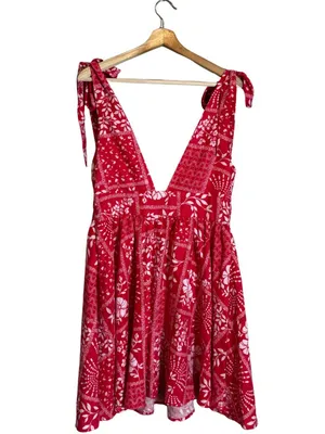 House of Harlow 1960 Linen Bandana Print Mini Dress Women Medium Red Bow Revolve thumbnail 5