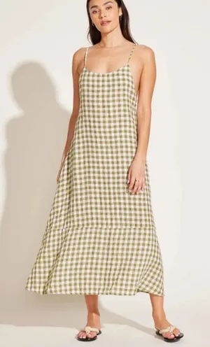 VITAMIN A Mari Gingham Linen Cover-Up Maxi Dress Ecolinen Avocado Gingham Sz S thumbnail 1