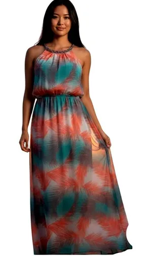 No Boundaries Tropical Palm Print Halter Maxi Dress-size Medium thumbnail 1