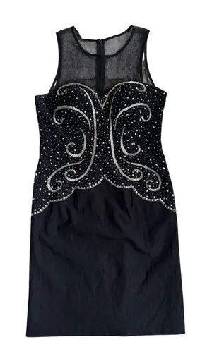 Blondie Nites Women's Vintage Form Fitting Black Sequin Sparkly Mesh‎ Knee Length Dress Sz 5 thumbnail 1