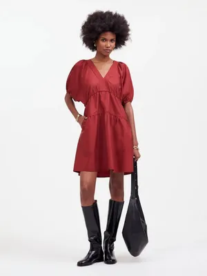 NWT Madewell Size Small Burgundy Puff-Sleeve Tiered Mini Dress in Poplin NEW thumbnail 2