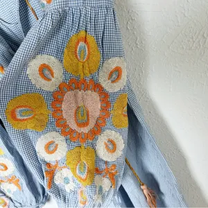 Zara gingham Plaid Embroidered Mini Dress Floral Balloon Sleeves Sz Small thumbnail 3