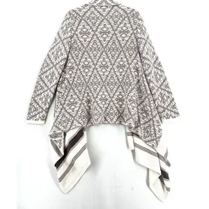 Old Navy Long Cardigan Women L Taupe Cream Geometric Waterfall Open Front Boho thumbnail 2