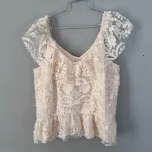 Anthropologie Textured Off The Shoulder Lace Blouse Cream Large thumbnail 3