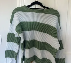 SHEIN Olive and White Striped Crew Neck Sweater thumbnail 1