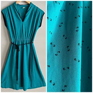 Vintage 70s Teal Mod Dress Abstract Print Cinched Waist Small thumbnail 12