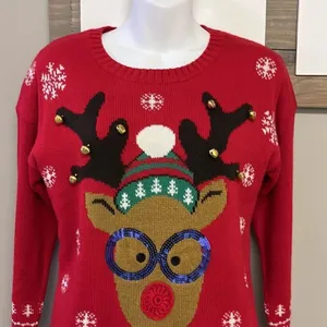 United States Sweater Red Christmas Crewneck Sweater with Reindeer & Bells-Small thumbnail 2