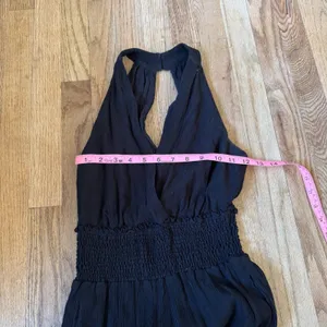 Anthropologie‎ Black Crinkle Wide Leg Jumpsuit Smocked Waist Halter XS thumbnail 5
