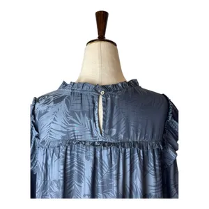 Pookie & Sebastian Shirt Women Large Blue Floral Ruffle Trim Blouse‎ Tropical thumbnail 6