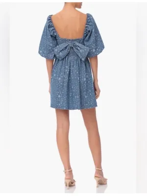 NWT Avec Les Filles Swirling Hearts denim puff sleeve babydoll minidress bow S thumbnail 7