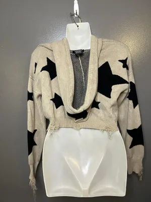 Social Collision Sweater Womens Sm/Med Beige Star Hooded Distressed Cropped thumbnail 5
