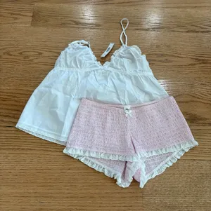 Frankie's Bikinis White Lace Trim Cami & Pink Smocked Shorts Set thumbnail 1