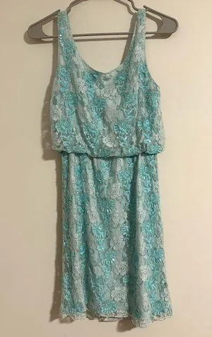 Alice + Olivia Sequin beaded turquoise aqua mini floral beaded lace dress thumbnail 1