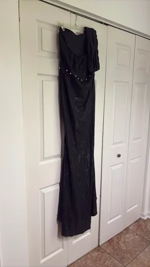 Black long sparkly formal dress with pearl accents thumbnail 2