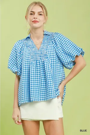Umgee Smocked Yoke Puff‎ Sleeve Gingham Blouse - Small thumbnail 1