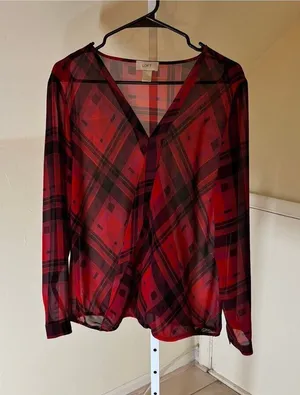 Loft EUC Women's Sheer Red Plaid Faux Wrap Blouse Size L thumbnail 1