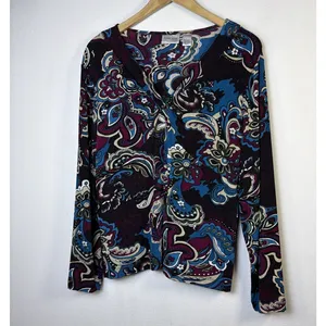 Chico's 2 Travelers Black blue large Paisley Floral Long Sleeve Blouse western thumbnail 2