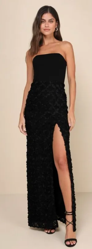 Lulus Ravishing Appeal Black 3D Floral Applique Strapless Maxi Dress Size XL NWT thumbnail 1