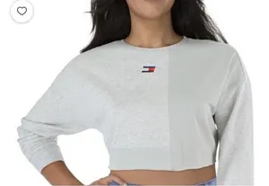 Tommy Hilfiger Womens XL Sporty Crop Top Sweatshirt Heather Gray Blocked Design thumbnail 1