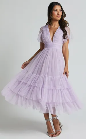 New Showpo Jiraye Midi Dress Flutter Sleeve Tuelle Plunge Dress Size Large thumbnail 1