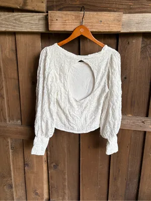 Free People White Lace Blouson Sleeve Keyhole Back Boho Top thumbnail 5