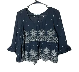 American Eagle Black Embroidered Flowy Blouse‎ Size S thumbnail 1