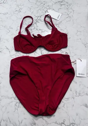 NWT Quince Cherry Red Italian Demi Bikini Top & High Rise Bottom Set Size Small thumbnail 1