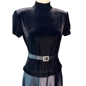Vintage 80s Bari Jay Black Velvet Satin Belted Peplum Midi Cocktail Dress 9/10 thumbnail 2