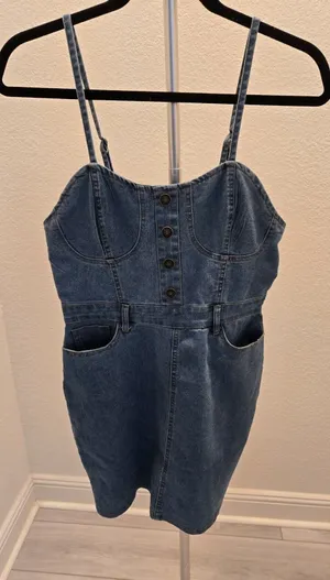 Heart & Heels Medium Denim Bustier Dress Button Sweetheart Stretch Jean Mini M thumbnail 1
