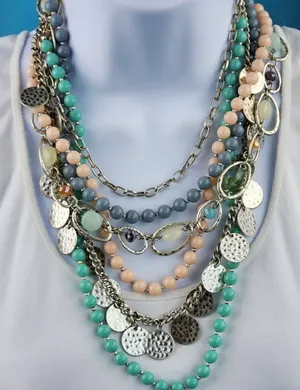 Premier Designs Multicolor Layered Beaded Charm Statement Necklace Silver Tone  thumbnail 2