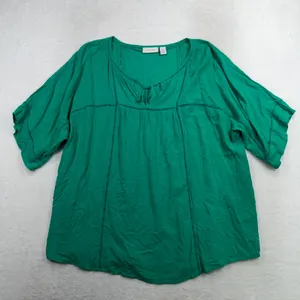 Chico's Size 3 XL Blouse Peasant Boho Green Crochet Trim Rayon Short Sleeve Top thumbnail 2