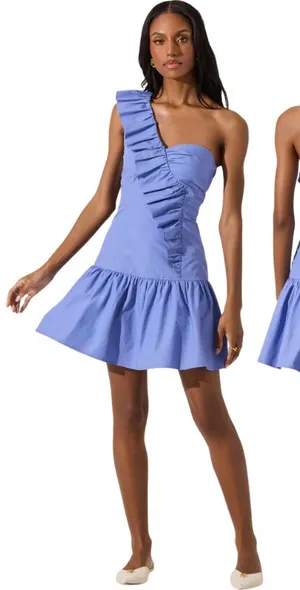 ASTR The Label One Shoulder Ruffle Mini Dress Womens Large Cobalt Blue Chic NWOT thumbnail 1