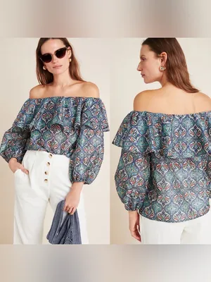 NWT Sachin & Babi Anthropologie Teal and Navy Printed Off-Shoulder Peasant Top thumbnail 2
