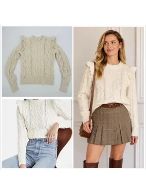 Frame Sofia Cable Knit Ruffle Sweater Beige XS thumbnail 2