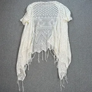 Energe World Wear Crochet Cardigan Duster White Women's Medium Tassel Trim Boho thumbnail 7