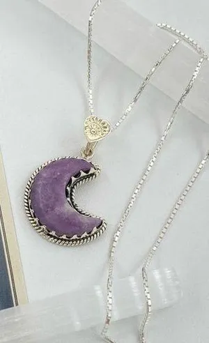 Crescent Moon Purple Lepidolite Worry Stone Solid Sterling Silver Necklace thumbnail 1
