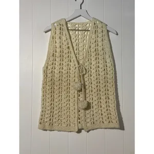 Crochet Sweater Vest Women's Large Ivory Open Knit Pom Pom Tie Sleeveless thumbnail 2