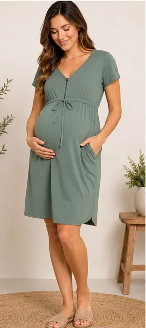 Angel Maternity Nursing Dress Women M Green Casual Zip Front Drawstring Pockets thumbnail 1